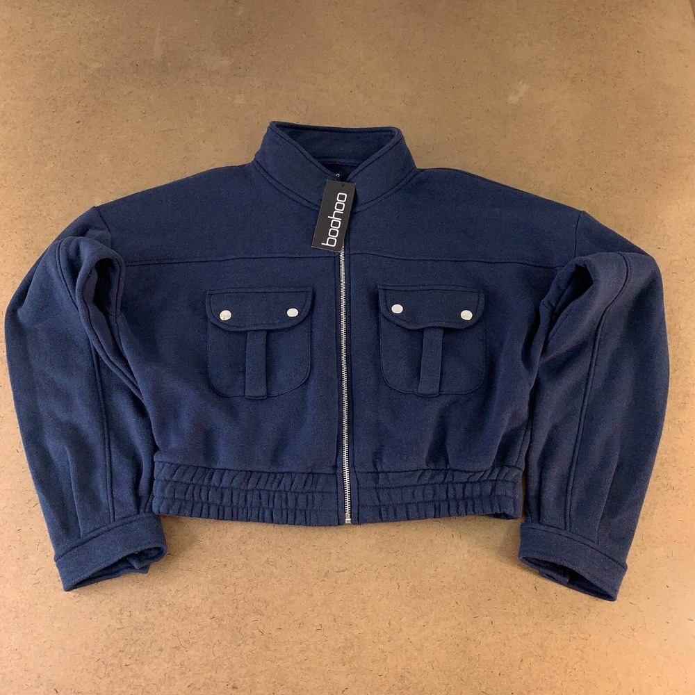 Boohoo Womens Pocket Detail Bomber Jacket Navy Full Zip Short Cropped 10 New